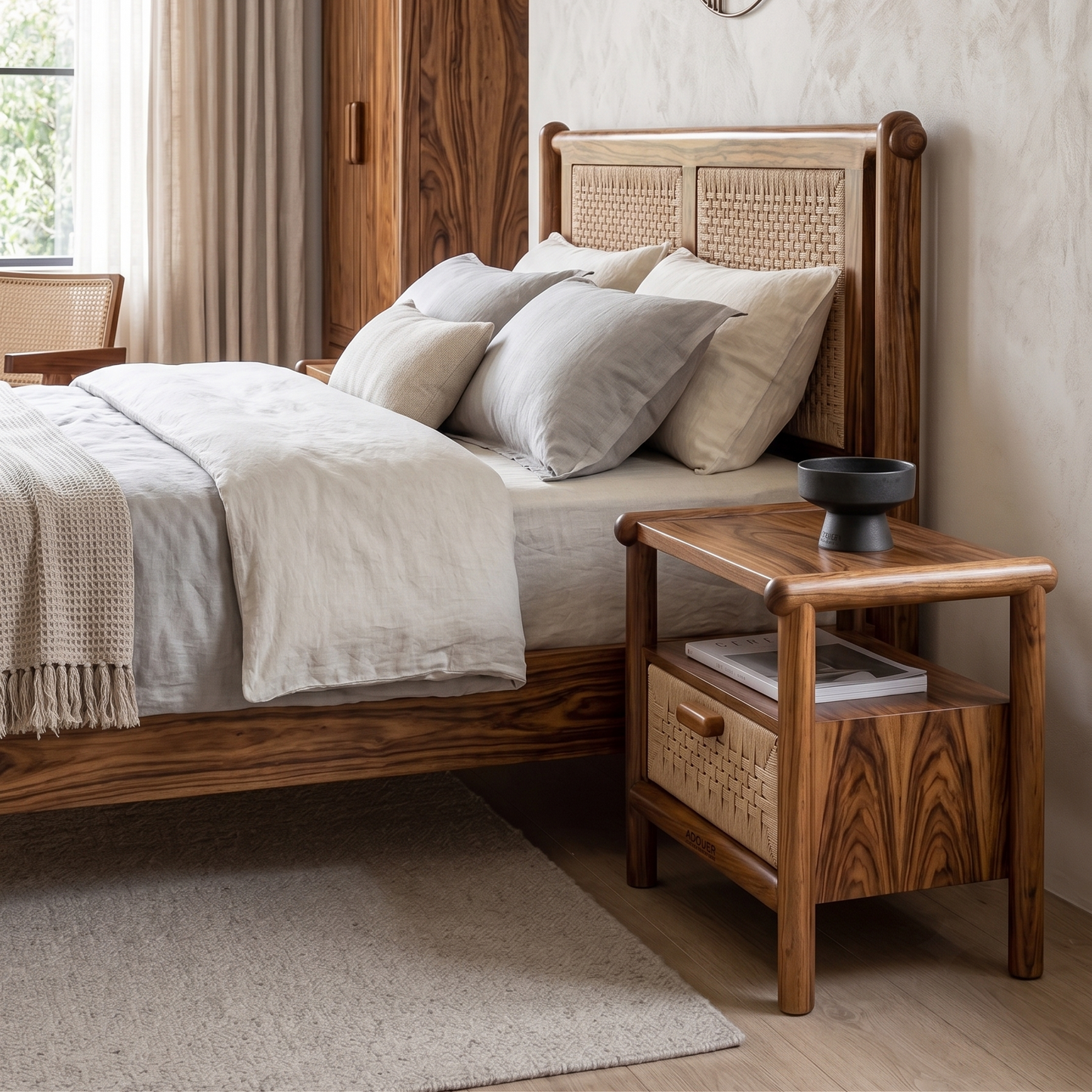 ADOUER WOOD Modern Japandi Wooden Bedside Table with Woven Paper Rope