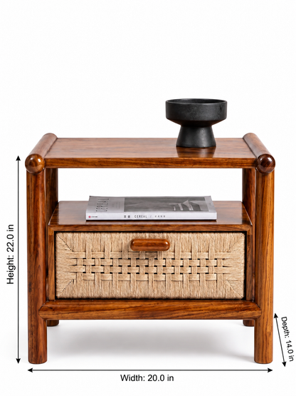 ADOUER WOOD Modern Japandi Wooden Bedside Table with Woven Paper Rope