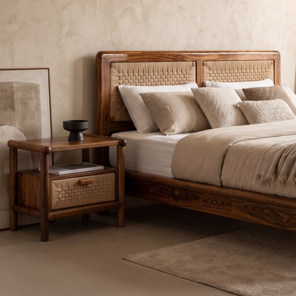 ADOUER WOOD Modern Japandi Wooden Bedside Table with Woven Paper Rope