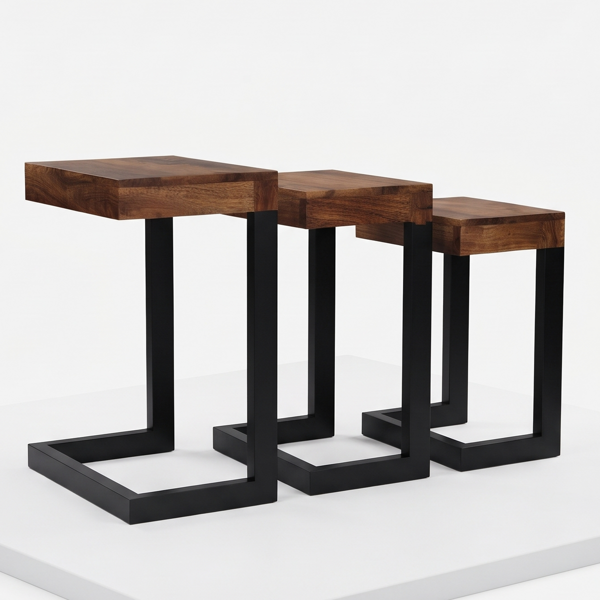 ADOUER WOOD Modern Mango Wood Nesting Coffee/Side Tables with Black Wood Frame
