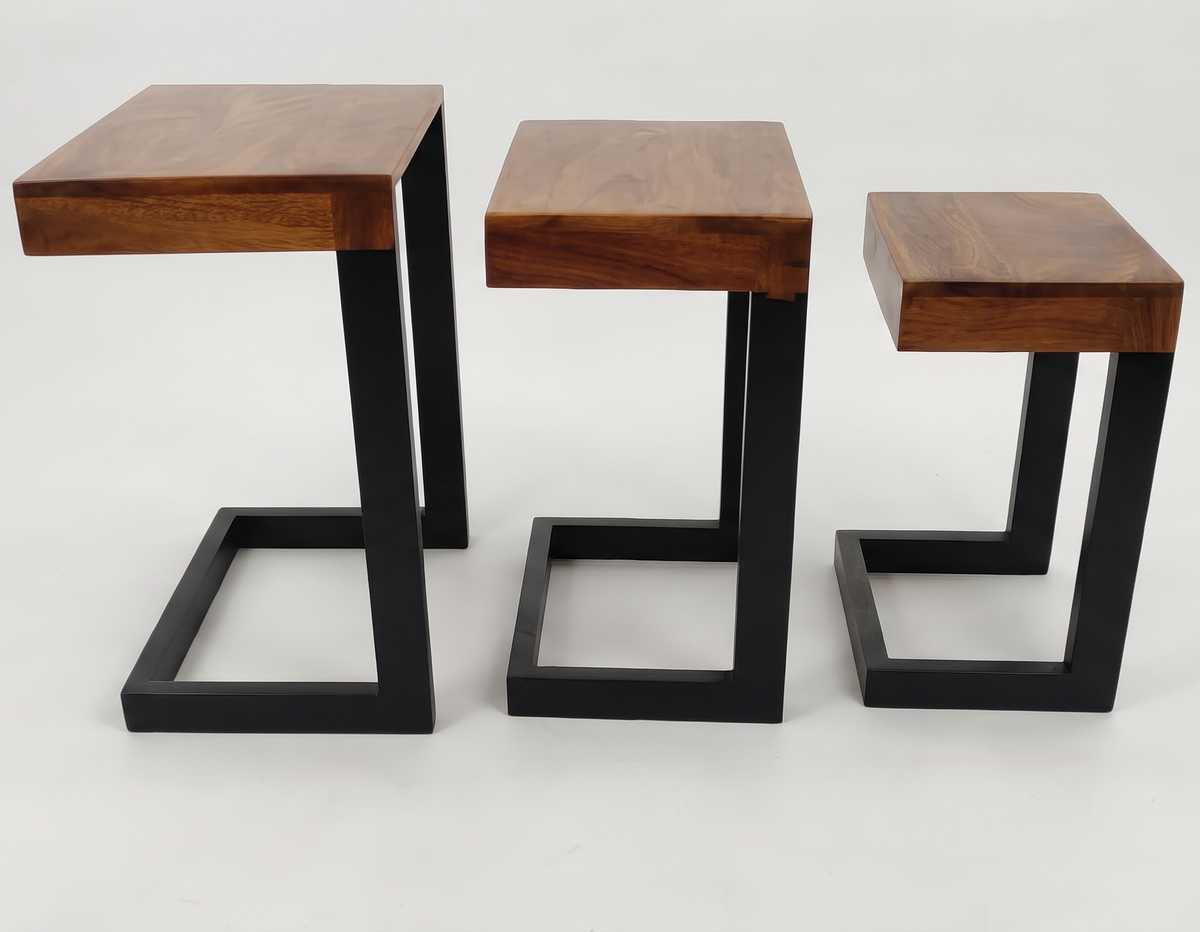 ADOUER WOOD Modern Mango Wood Nesting Coffee/Side Tables with Black Wood Frame