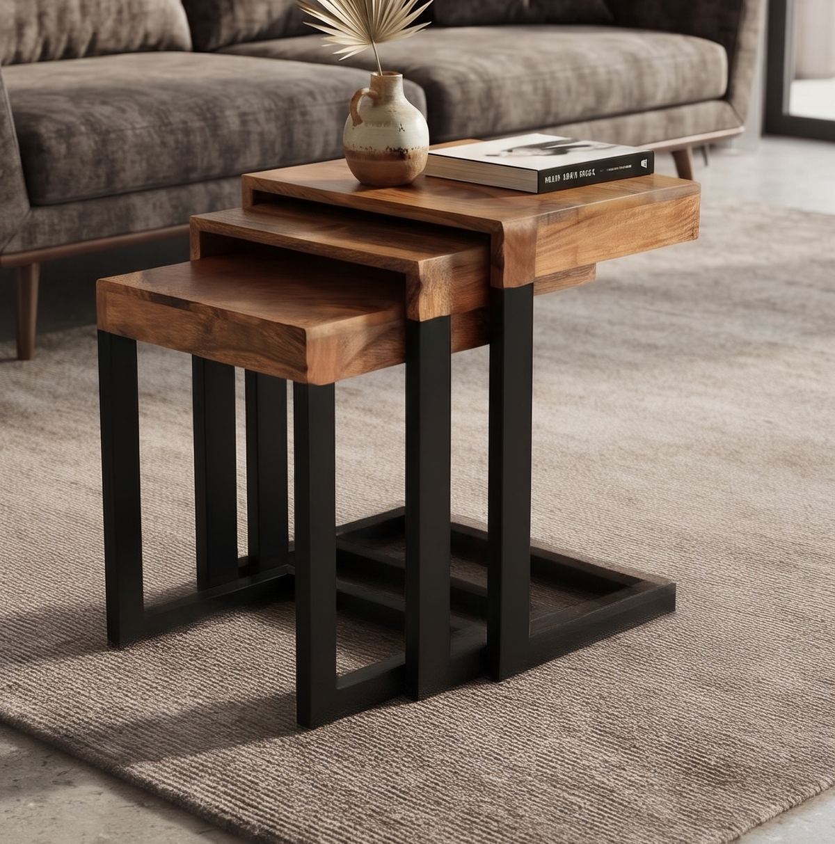 ADOUER WOOD Modern Mango Wood Nesting Coffee/Side Tables with Black Wood Frame