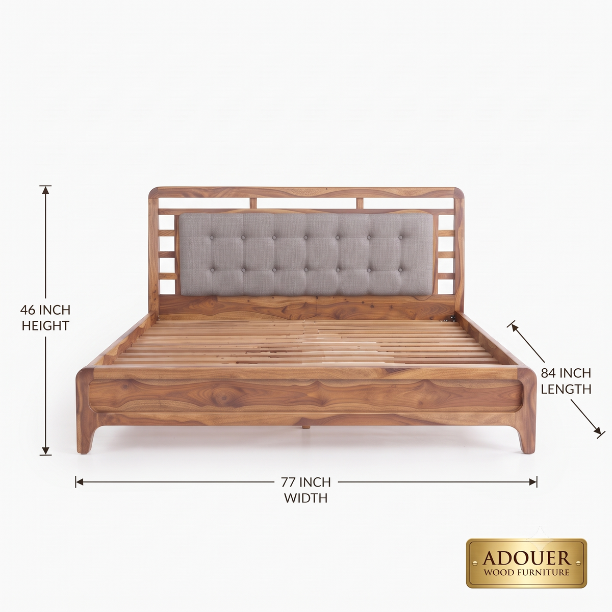 ADOUER WOOD Modern Solid Wood Platform Bed with Upholstered Tufted Headboard and Wooden Slat Support
