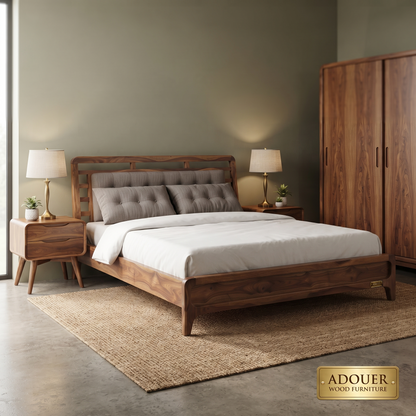 ADOUER WOOD Modern Solid Wood Platform Bed with Upholstered Tufted Headboard and Wooden Slat Support