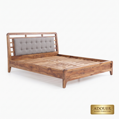 ADOUER WOOD Modern Solid Wood Platform Bed with Upholstered Tufted Headboard and Wooden Slat Support