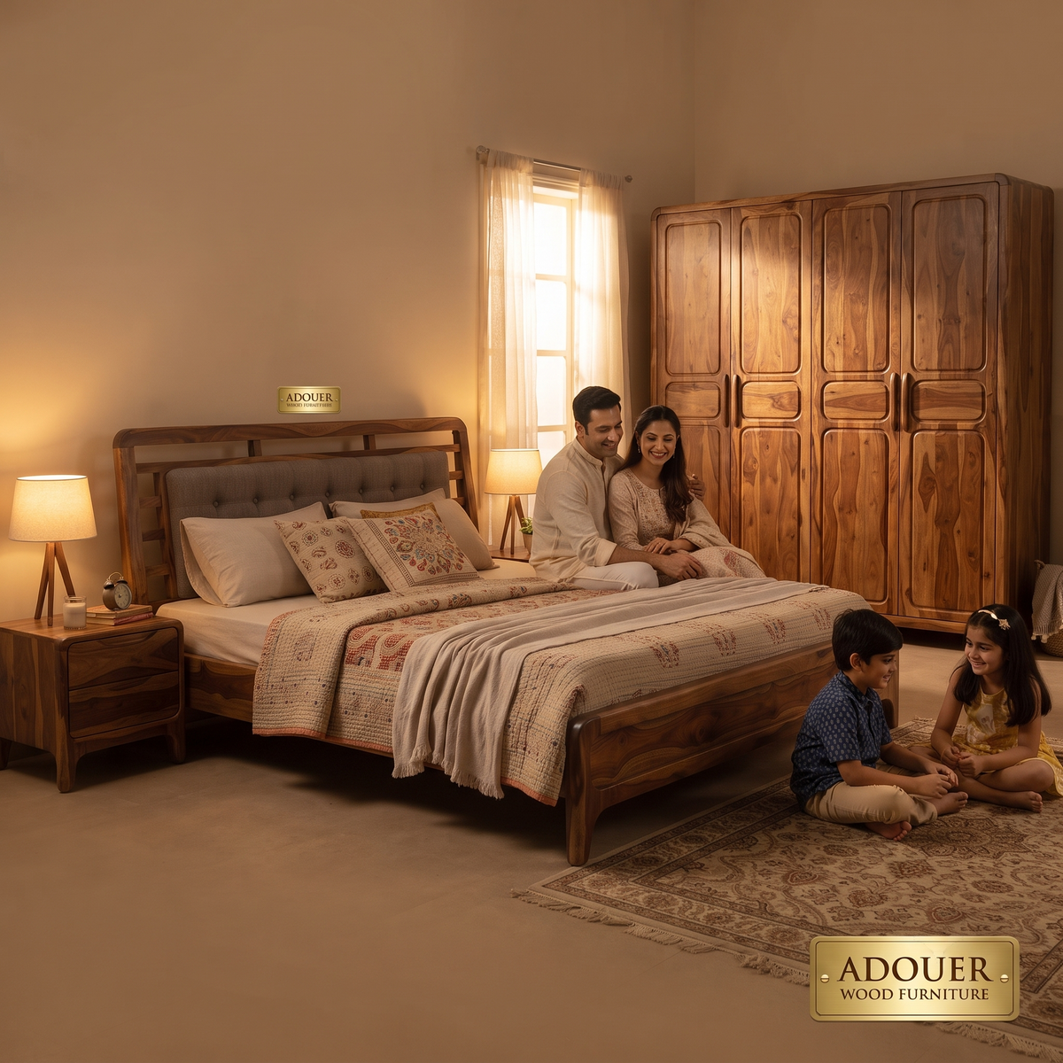ADOUER WOOD Modern Solid Wood Platform Bed with Upholstered Tufted Headboard and Wooden Slat Support