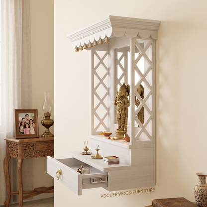 Modern White Wooden Wall Mounted Mandir for Home