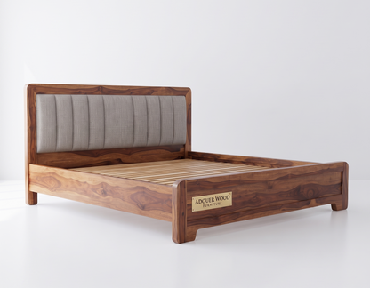 ADOUER WOOD Modern Wooden Bed Frame with Gray Fabric Tufted Headboard & Wood Slats