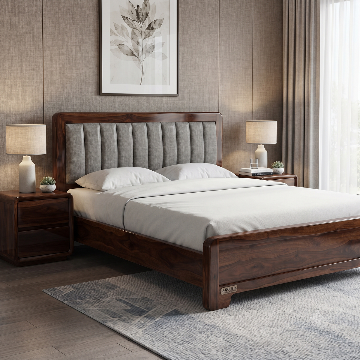 ADOUER WOOD Modern Wooden Bed Frame with Gray Fabric Tufted Headboard & Wood Slats