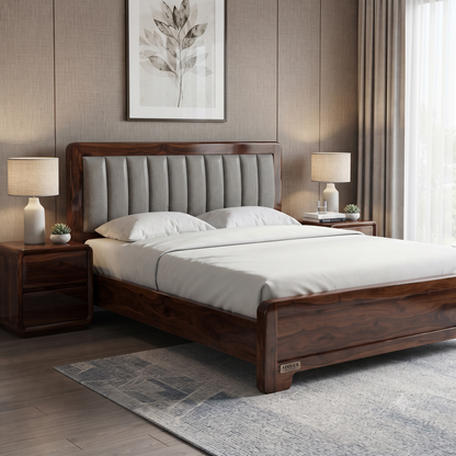 ADOUER WOOD Modern Wooden Bed Frame with Gray Fabric Tufted Headboard & Wood Slats