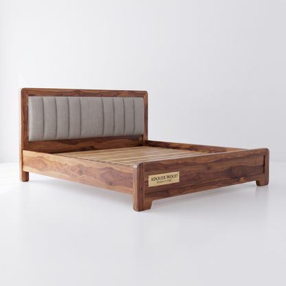 ADOUER WOOD Modern Wooden Bed Frame with Gray Fabric Tufted Headboard & Wood Slats
