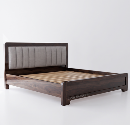 ADOUER WOOD Modern Wooden Bed Frame with Gray Fabric Tufted Headboard & Wood Slats