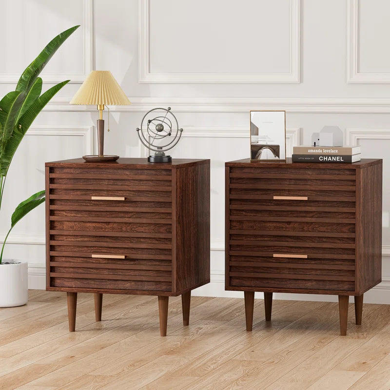 ADOUER WOOD "Set Of-2 Mid-Century Modern Wooden Bedside Table with Two Drawers"