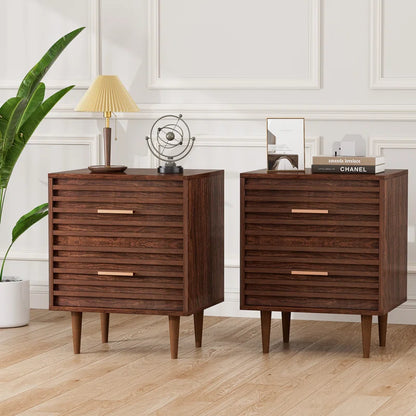 ADOUER WOOD "Set Of-2 Mid-Century Modern Wooden Bedside Table with Two Drawers"