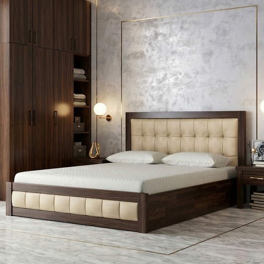 Modern bedroom with wooden bed frame, wardrobe, and decorative elements.