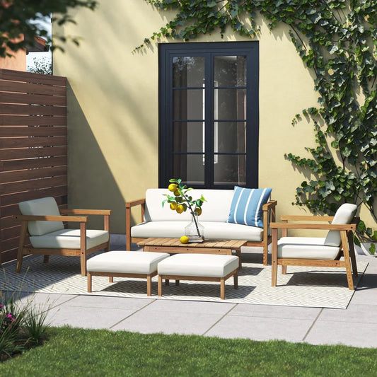 ADOUER WOOD Solid Acacia Wood Multi Functional Natural 6 Piece Outdoor Patio Teak Sofa Set