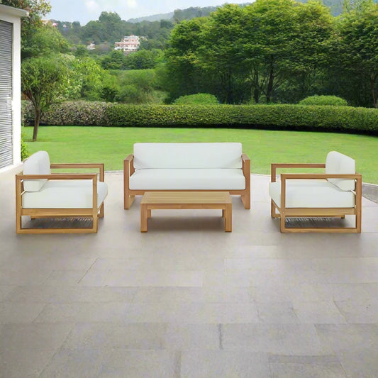 ADOUER WOOD Solid Wood 5 Seater Outdoor 4 Piece Set Wooden Sofa, Natural