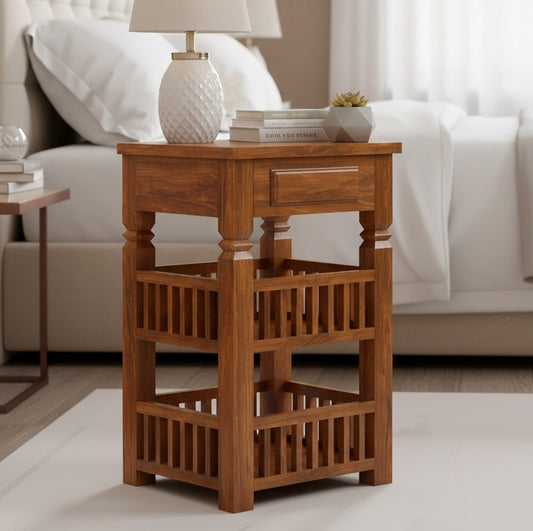 Sheesham 2-Tier Bed Side Table , Narrow End Side Table, Space-Saving Slim Night Stand with Shelf and Drawer Storage