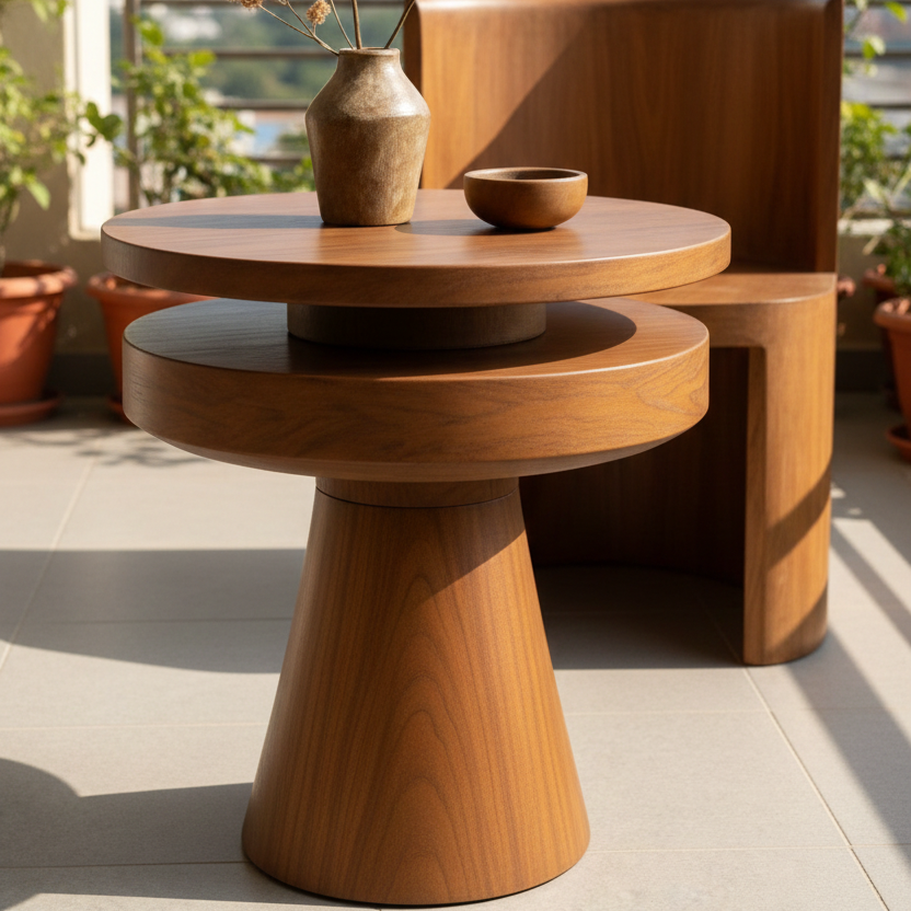 ADOUER WOOD Handcrafted Two-Tier Pedestal Side Table