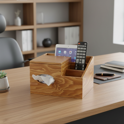 ADOUER WOOD Solid Wood Tissue Box Cover & Desk Organizer - Multi-Functional Remote Control Holder and Media Caddy