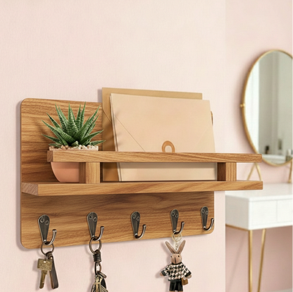 Acacia Wood Floating Shelf & Key Holder for Home Office and Hallway