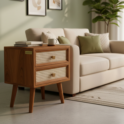 Adouer Wood "Ratan Cane" Solid Wood Bedside Table, Hand-Woven Rattan With 2 Drawers Elegant & Descriptive