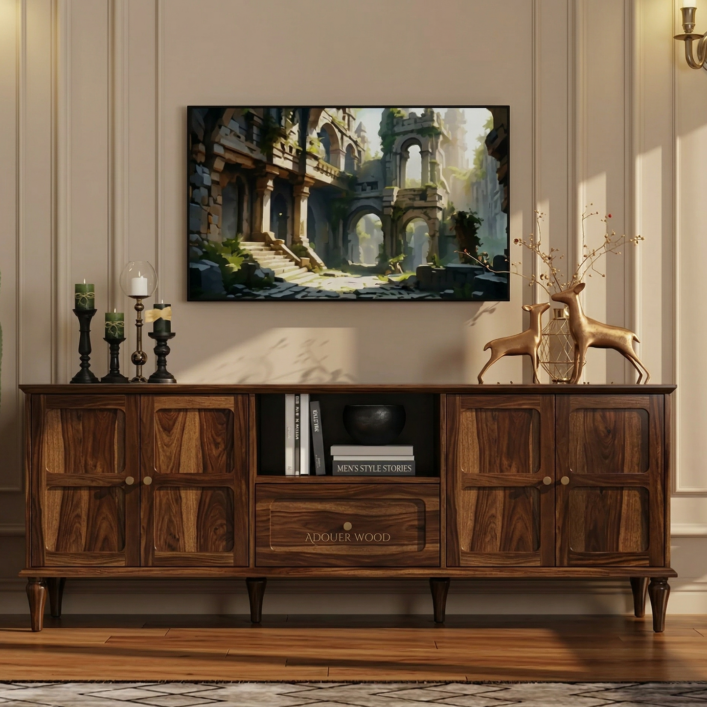 ADOUER WOOD Mid-Century Modern Solid Wood TV Unit with 4 Doors & Center Drawer
