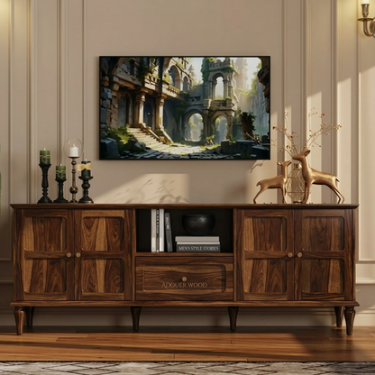 ADOUER WOOD Mid-Century Modern Solid Wood TV Unit with 4 Doors & Center Drawer