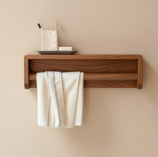 Solid Acacia Wood Floating Bathroom Shelf with Integrated Towel Holder (Set Of 2 Pcs)
