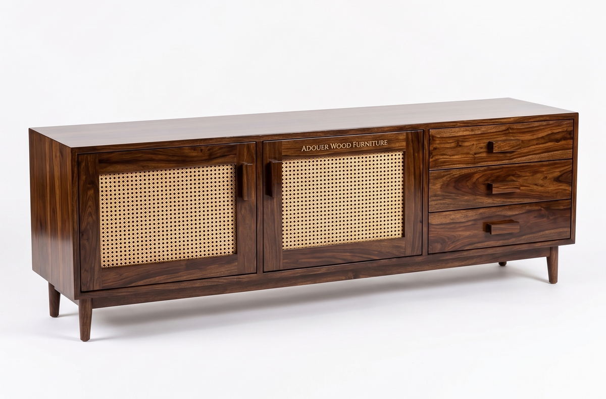 ADOUER WOOD  Sheesham Wood TV Unit with Woven Cane/Rattan Doors & Drawers