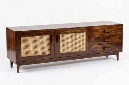 ADOUER WOOD  Sheesham Wood TV Unit with Woven Cane/Rattan Doors & Drawers