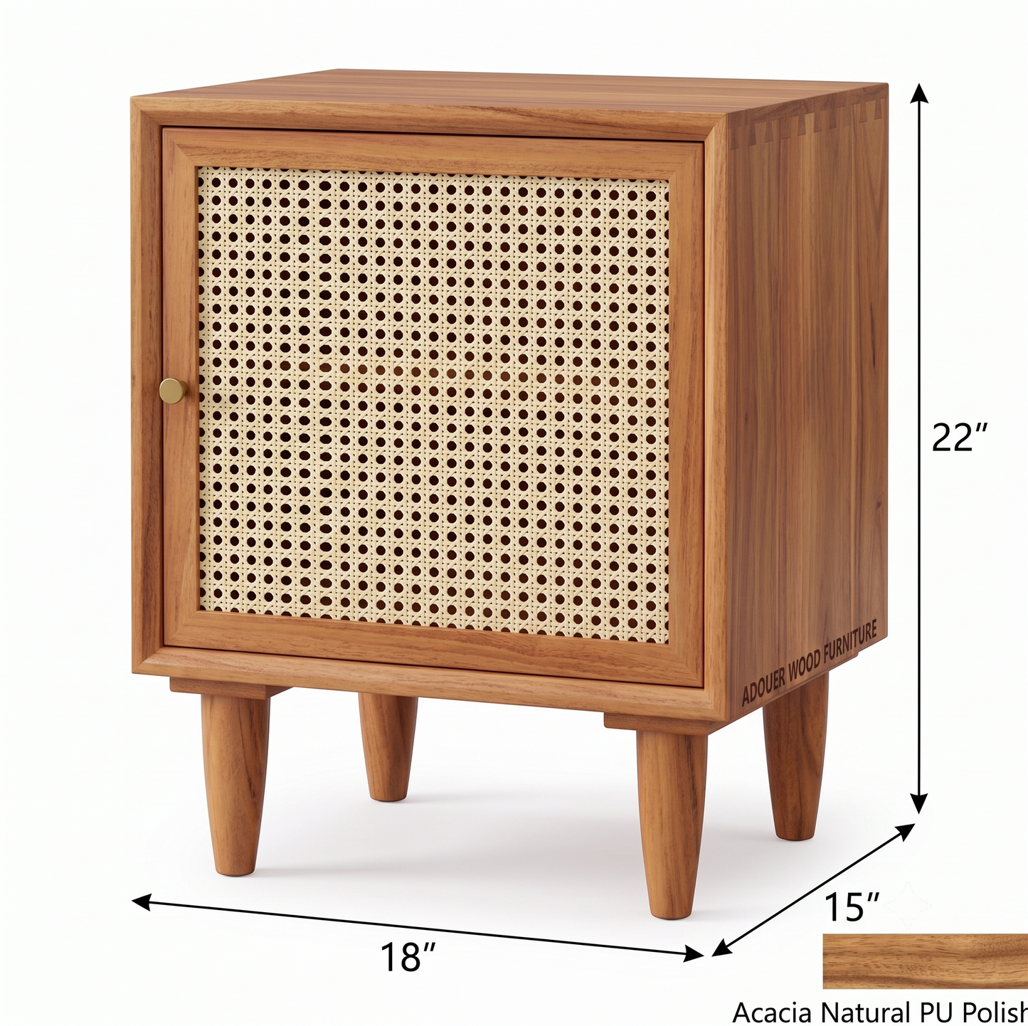 ADOUER WOOD Natural Solid Wood Nightstand I Bedside table with Rattan Mesh Door & Tapered Legs