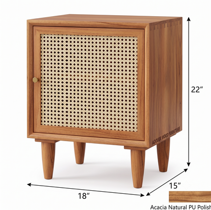 ADOUER WOOD Natural Solid Wood Nightstand I Bedside table with Rattan Mesh Door & Tapered Legs