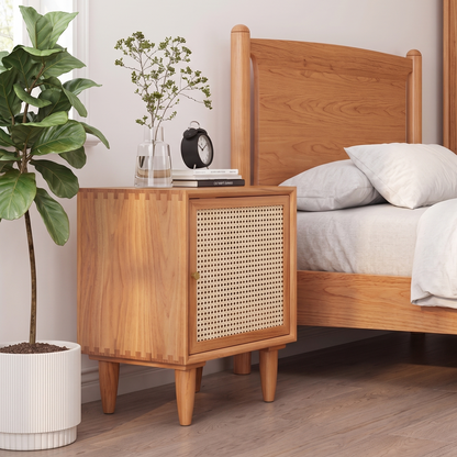 ADOUER WOOD Natural Solid Wood Nightstand I Bedside table with Rattan Mesh Door & Tapered Legs