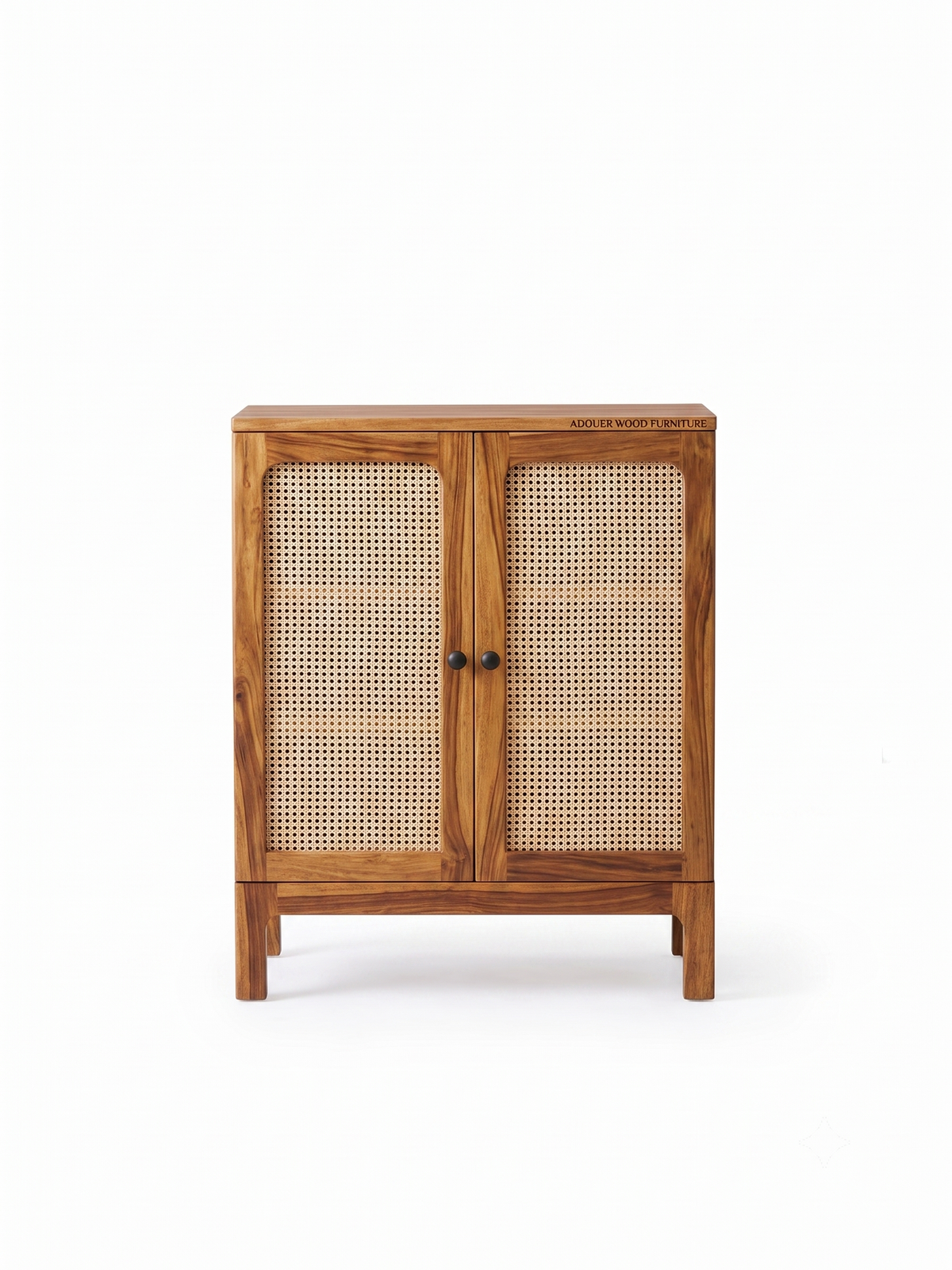 ADOUER WOOD Natural Wood & Cane Rattan 2-Door Storage Cabinet with Black Knobs