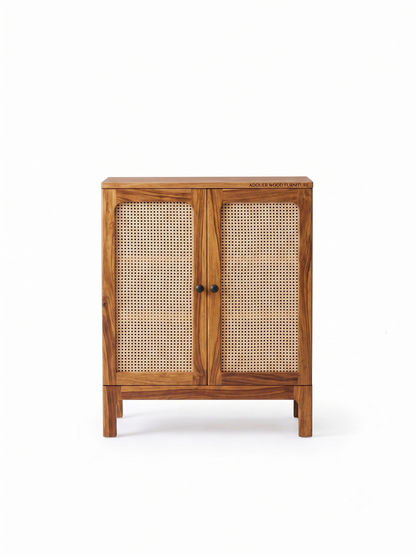 ADOUER WOOD Natural Wood & Cane Rattan 2-Door Storage Cabinet with Black Knobs