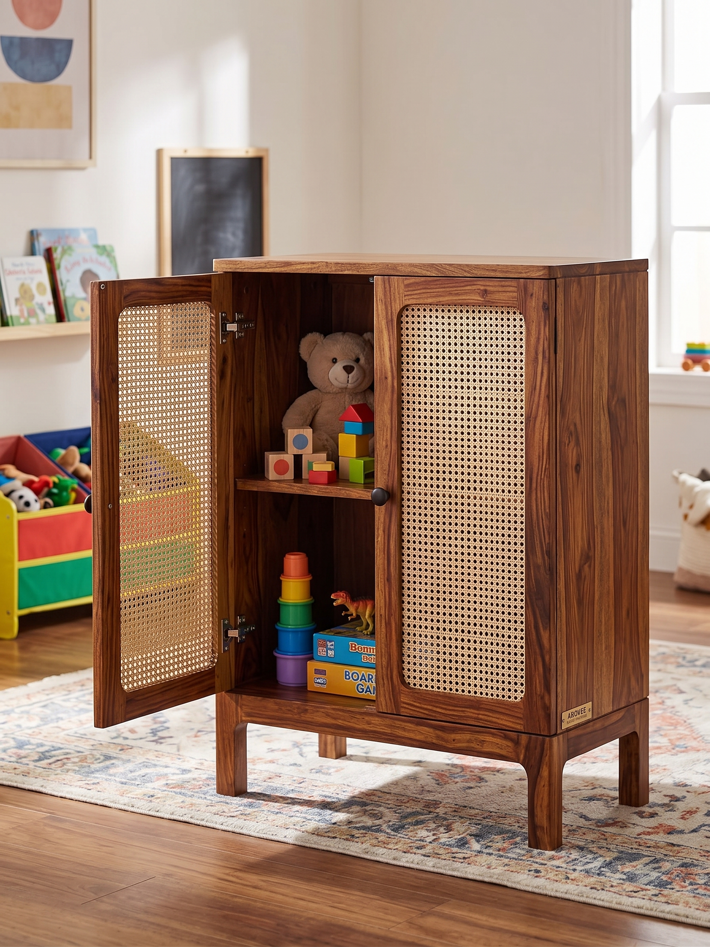 ADOUER WOOD Natural Wood & Cane Rattan 2-Door Storage Cabinet with Black Knobs