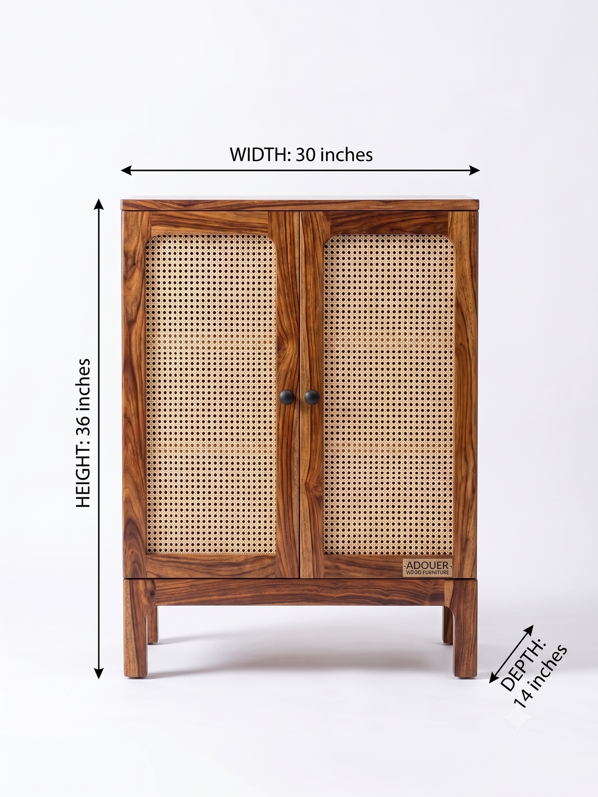 ADOUER WOOD Natural Wood & Cane Rattan 2-Door Storage Cabinet with Black Knobs