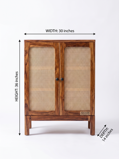 ADOUER WOOD Natural Wood & Cane Rattan 2-Door Storage Cabinet with Black Knobs