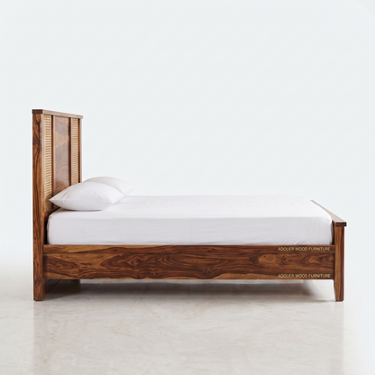 ADOUER WOOD Sheesham Wood Single Bed Frame with Woven Rattan Cane Headboard