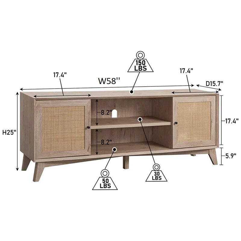 ADOUER WOOD Stylish Solid Sheesahm Wood Natural Rattan Cane 2 Door & Middle Storage Tv Unit For Home