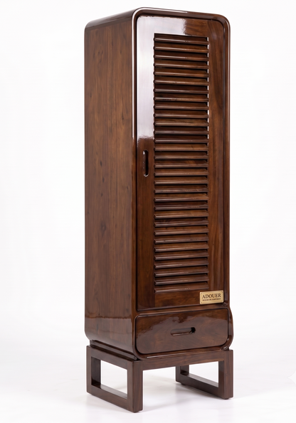Mid-Century Solid Wood Louvered Tall Storage Cabinet with Drawer