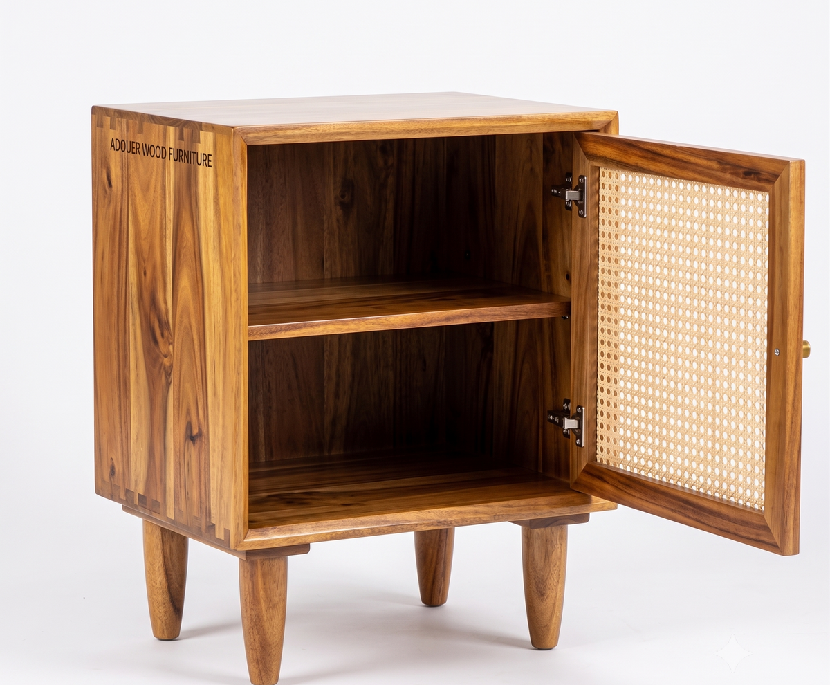 ADOUER WOOD Natural Solid Wood Nightstand I Bedside table with Rattan Mesh Door & Tapered Legs