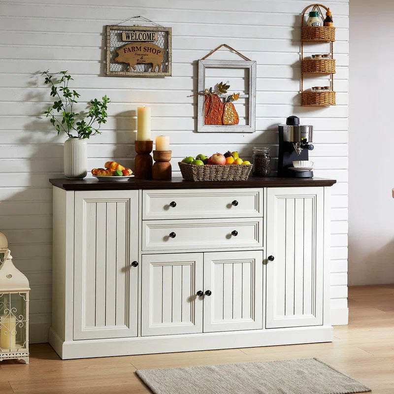 ADOUER WOOD Solid Sheesham Wood Designer Door and Drawers Sideboard, White & Brown