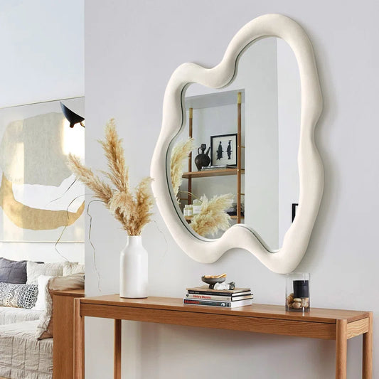ADOUER WOOD 36" Wavy Mirror With Flannel Wrapped Wooden Frame, Modern Decorative Mirror for Living Room, Entryway, Bedroom, Dining Room, Living Room
