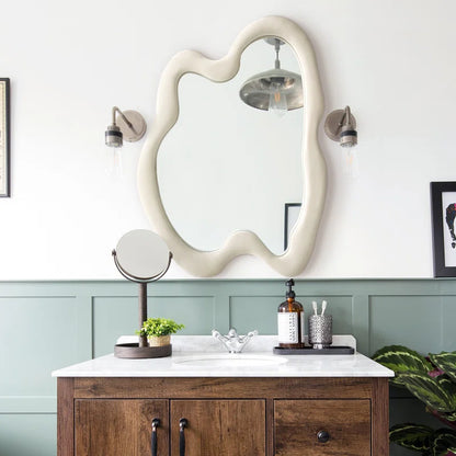 ADOUER WOOD 36" Wavy Mirror With Flannel Wrapped Wooden Frame, Modern Decorative Mirror for Living Room, Entryway, Bedroom, Dining Room, Living Room