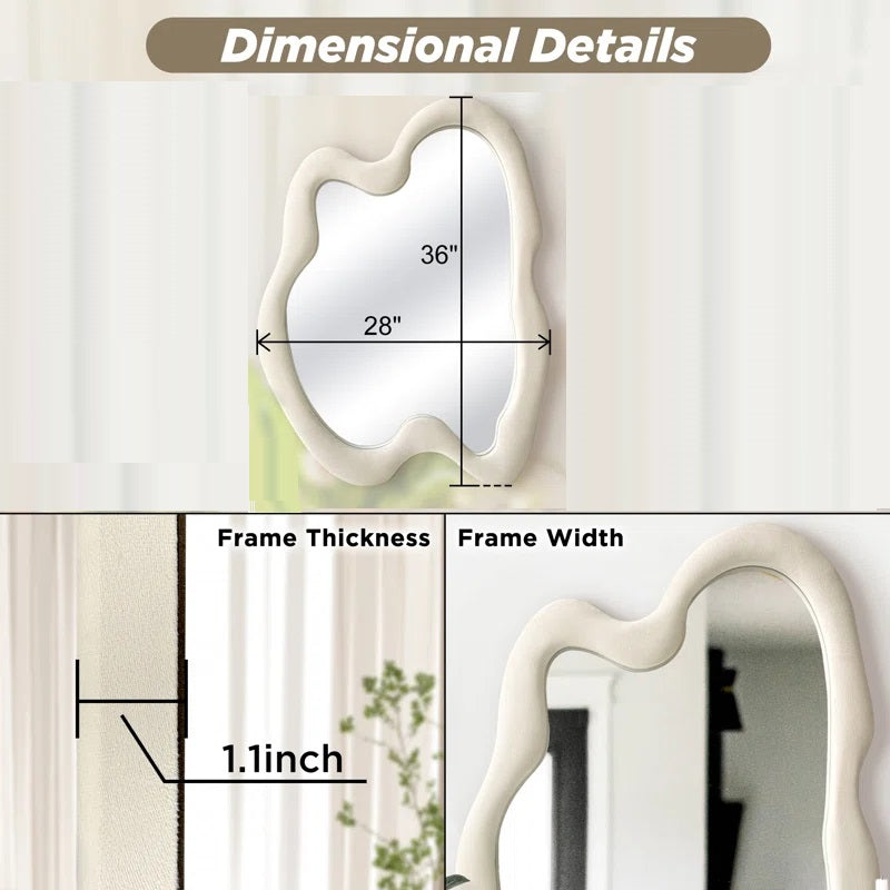 ADOUER WOOD 36" Wavy Mirror With Flannel Wrapped Wooden Frame, Modern Decorative Mirror for Living Room, Entryway, Bedroom, Dining Room, Living Room