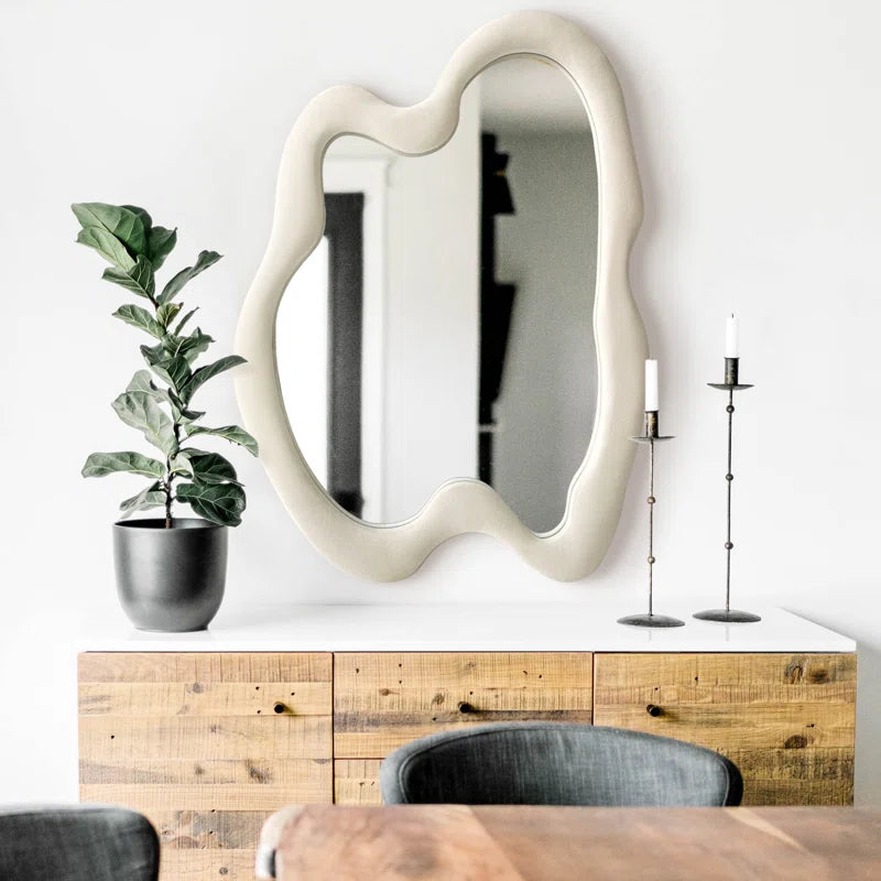 ADOUER WOOD 36" Wavy Mirror With Flannel Wrapped Wooden Frame, Modern Decorative Mirror for Living Room, Entryway, Bedroom, Dining Room, Living Room