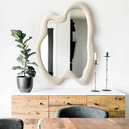 ADOUER WOOD 36" Wavy Mirror With Flannel Wrapped Wooden Frame, Modern Decorative Mirror for Living Room, Entryway, Bedroom, Dining Room, Living Room
