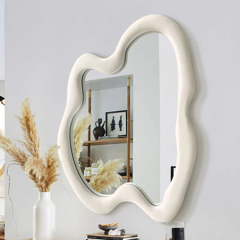 ADOUER WOOD 36" Wavy Mirror With Flannel Wrapped Wooden Frame, Modern Decorative Mirror for Living Room, Entryway, Bedroom, Dining Room, Living Room